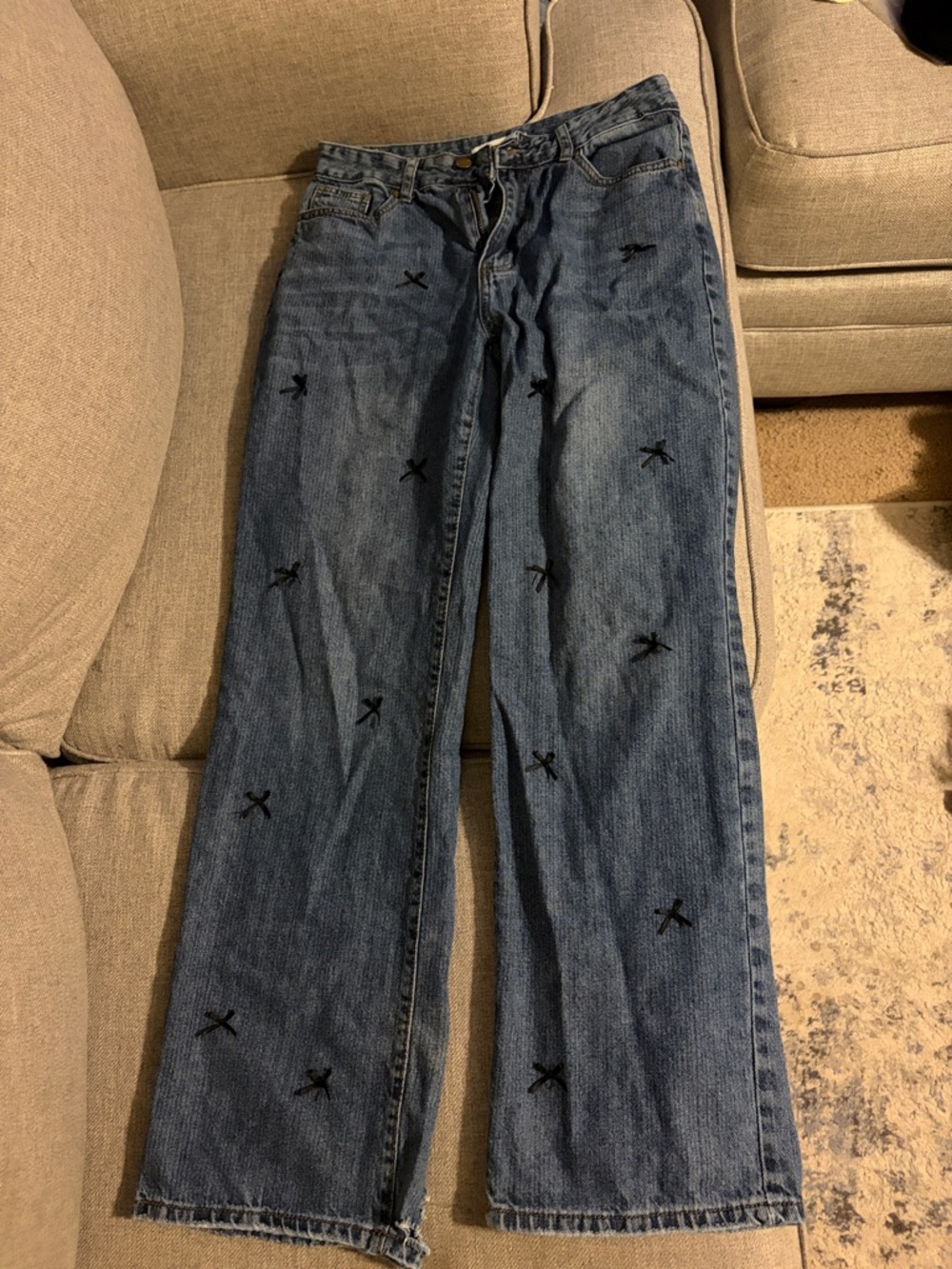 Embroidered Straight Leg Jeans in Denim Blue